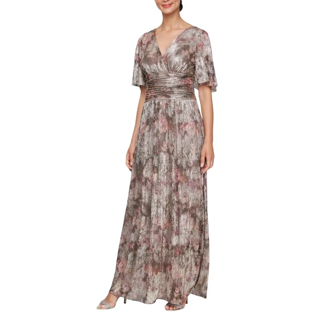 ignite evenings long dresses Ignite Evenings Short Flutter Sleeve V-Neck Sequin Lace Detail Front Slit A-Line Gown